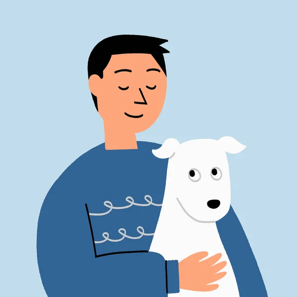 这个人高兴地抱着狗 抱着狗 有趣的卡通矢量插图 — 图库矢量图片