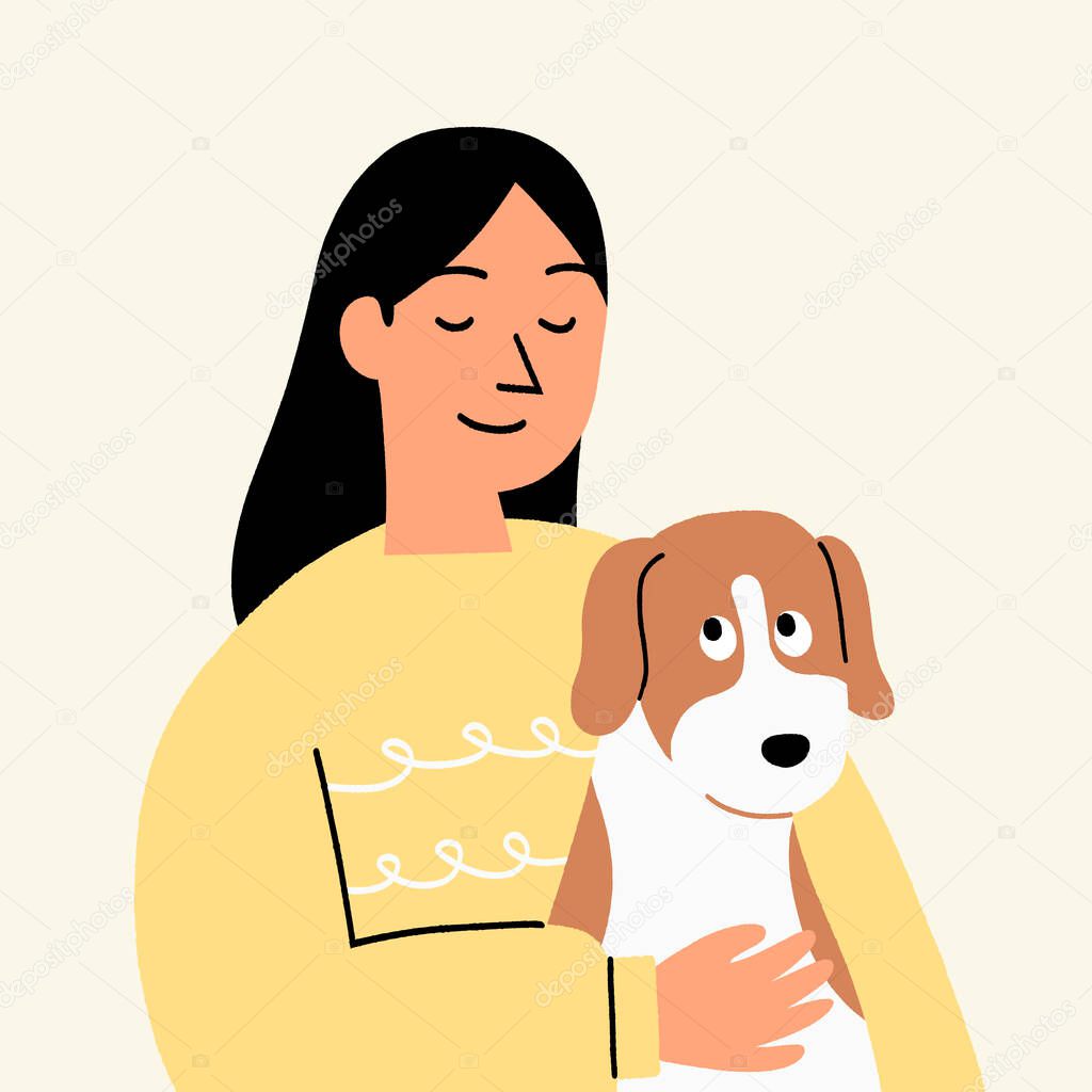 The woman hugs and cuddles with the dog happily. Cute cartoon vector illustration.