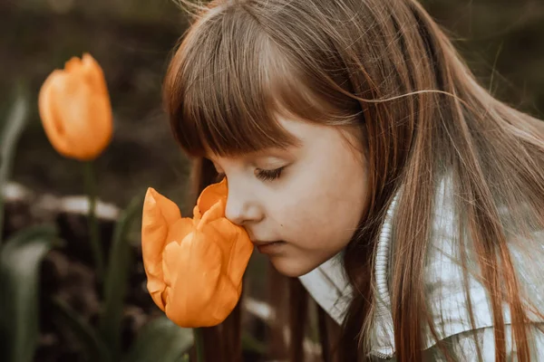 Pequena menina adorável em flor tulipas jardim — Fotografia de Stock