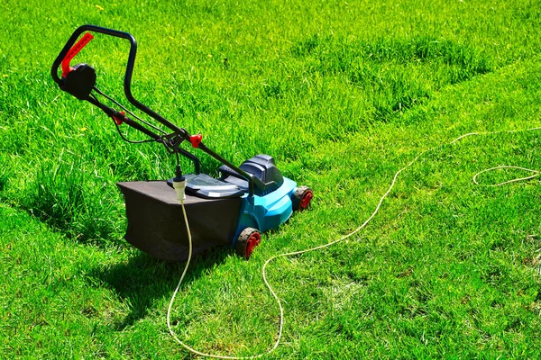 Lawnmower electric machine trimming green grass. Lawn cutting