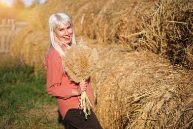 Güzel kız dışarıda, doğanın tadını çıkarıyor, gün ışığının tadını çıkarıyor. Güneşin parlaklığı. Kız bir buket kır çiçeği topluyor. Sıcak renklerle boyanmış. Sonbahar. Yüksek kalite fotoğraf