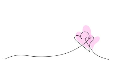 Two pink hearts with watercolor spots. Valentines day. Continuous line drawing. Holiday card, romantic, wedding design elements. Symbol of love. High quality photo