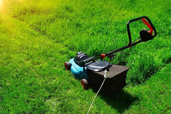 Lawnmower machine electric trimming green grass. Lawn cutting with sunlight. High quality photo