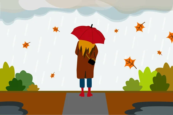 소녀는 가을에 우산을 거리에 날으는 나뭇잎 일러스트 일러스트 — 스톡 벡터