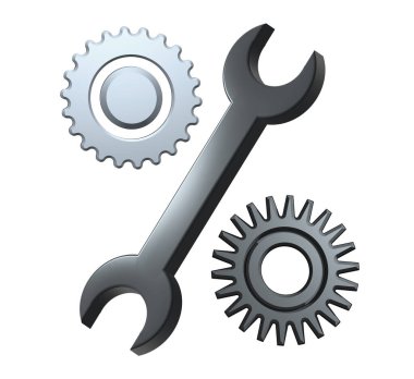 Beyaz arka planda izole edilmiş iki vites ve üç boyutlu anahtar çizim. Teknik destek sembolü ve servis onarımı. Yüksek kaliteli illüstrasyon