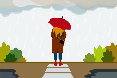 A lonely girl with an umbrella in the rain stands alone on the street. The concept of mental health problems, grief, suffering. Vector illustration