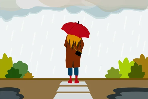 Una Chica Solitaria Con Paraguas Bajo Lluvia Está Sola Calle — Vector de stock