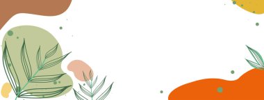 Soyut modern arkaplan afişi, renk noktaları ve noktalar, çizgi yaprakları ve fotokopi uzay şablonlu çiçek deseni. Vektör illüstrasyonu