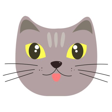 Şirin kedi çizimi. Tişört için baskı grafiği. Kedi suratlı karakter. Tebrik kartı için gri kedi yavrusu çizimi, davetiye. Vektör illüstrasyonu