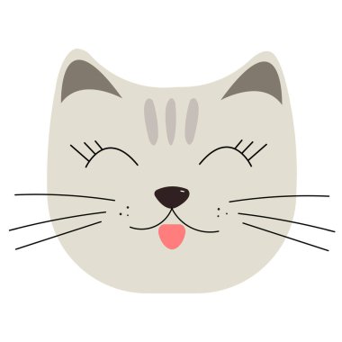 Şirin gri kedi çizimi. Tişört için baskı grafiği. Kedi suratlı karakter. Tebrik kartı için gri kedi yavrusu çizimi, davetiye. Vektör illüstrasyonu