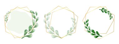 Soyut suluboya çiçekli çerçeve vektör seti. Yapraklı suluboya davetiye tasarımı. Altın geometrik çerçeve ve suluboya fırça darbeleri. Vektör illüstrasyonu