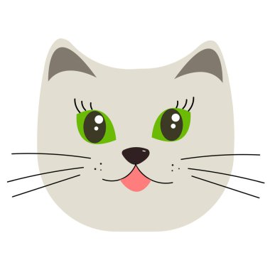 Şirin gri kedi çizimi. Tişört için baskı grafiği. Kedi suratlı karakter. Tebrik kartı için gri kedi yavrusu çizimi, davetiye. Vektör illüstrasyonu