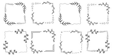 Kare şeklinde, dalları ve çiçekleri olan boş bir çerçeve. Zarif bitkiler ya da çiçekler. Vektör botanik sınır çizgisi ayarlandı. Vektör illüstrasyonu