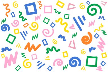 Abstract kids shapes, doodle illustration. Playful repeating kids pattern horizontal hand drawn mosaic style. Vector illustration