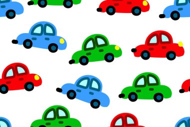 Cute simple retro car seamless pattern. Kids hand drawn automobile on white background. Doodle boy transport endless wallpaper.
