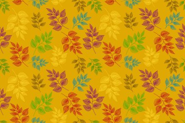 Vintage trendy seamless pattern wind blow leaves and botanical elements Isolated on yellow background. Vector illustration