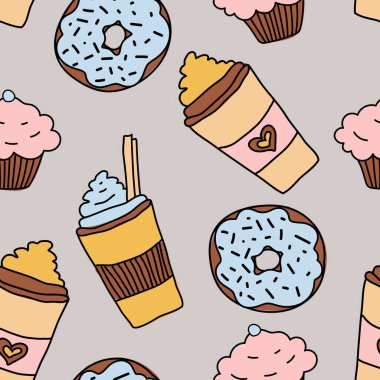 Doodle hand drawn seamless pattern with coffee, donut and cupcake. Vector illustration