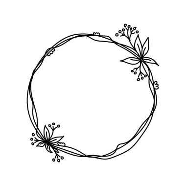Zarif yapraklar, dal ve çiçek elementleriyle basit yuvarlak bir çerçeve çiz. Beyaz arkaplanda vektör izole edilmiş klip sanatı. El çizimi çiçek çelenkleri. Vektör illüstrasyonu