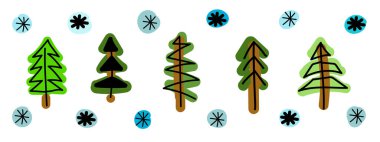 Simple doodle christmas tree. Winter holiday hand drawn elements. Retro xmas trees and happy new year sketch. Vector illustration