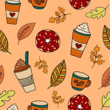 Seamless pattern. Autumn yellow leaves and pie with a cup of coffee on background. Vector illustration