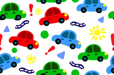 Fantasy fictitious cars, children drawing of a auto, a seamless pattern of automobile and road signs. Vector illustration