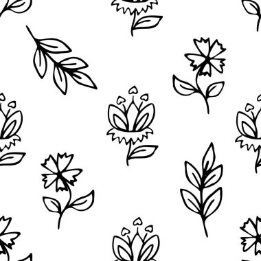Vector seamless pattern with hand drawn herbs and flowers on white background. Vector illustration