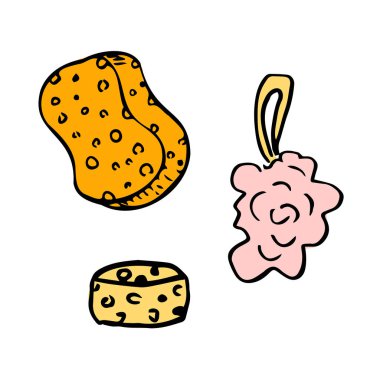 Cesedi kulplarla yıkamak için renkli banyo bezi seti. Vektör illüstrasyonu izole edilmiştir. Tasarım ve dekor için tırman. Vektör illüstrasyonu