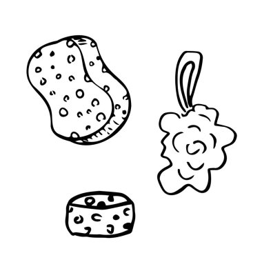 Set of black knitted bath washcloths for washing the body with handles. The vector illustration is isolated. Clipart for design, decor. Vector illustration