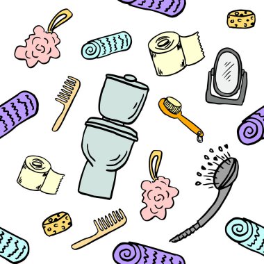 Bathroom toilet set on white. Washing, bathing, cleanliness seamless pattern. Doodle cartoon style background. Vector illustration