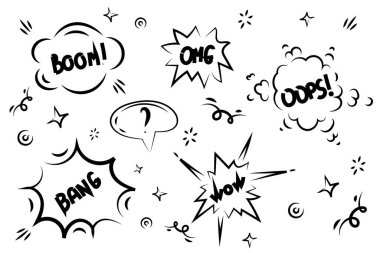 Hand drawn explosion, bomb element. Comic doodle sketch style. Explosion speech bubble with wow and oops, boom, omg or bang text. Vector illustration