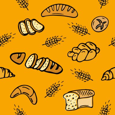Seamless pattern with different breads and homemade baked products, baguette. Bakery goods background for cooking book, prints, wrapping paper. Vector illustration