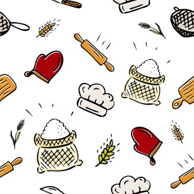 Kitchen baking utensils seamless pattern. All for baking. Image for bakeries and groceries. Healthy food. Vector illustration