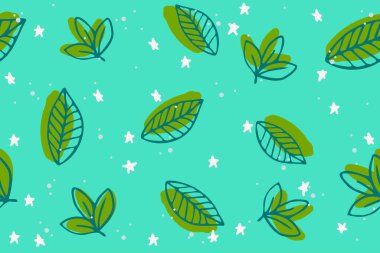 Seamless pattern, floral childish textile. Background with green leaves for fabric, wrapping paper, bed linen, home decor, print. Vector illustration