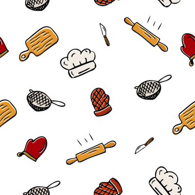 Kitchen baking utensils seamless pattern. All for baking. Image for bakeries and groceries. Healthy food. Vector illustration