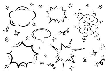 Cartoon clouds and explosions set for comics, Speech bubbles. Thinking and speaking clouds with doodle vector set. Vector illustration