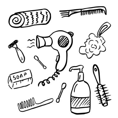 Hand drawn doodle Bathroom body care icons set. Vector home bath symbols collection. Doodle sketch toilet and shower. Bathtub lavatory, towel,. Vector illustration