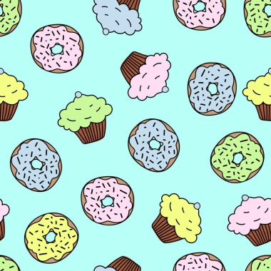 Seamless pattern with colored donuts and cupcakes, hand draw illustration with blue isolated background. Vector illustration