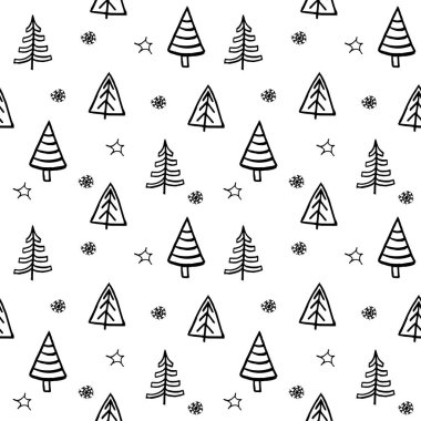 Hand drawn Christmas tree background. Doodle ink seamless pattern for New Year. Vector illustration