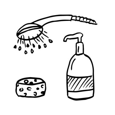 Bath accessories set. Washcloth, soaps doodle illustration. Vector illustration