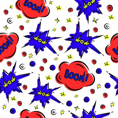 Seamless pattern cartoon comic cloud speech bubble with boom and wow text. Doodle sketch style. Explosion cloud background. Vector illustration