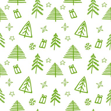 Winter graphic seamless pattern with green christmas trees. Hand drawn vector illustration. Wrapping paper Christmas. Vector illustration