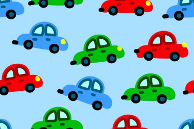 Toy simple cars, children drawing of a auto, a seamless pattern of automobile and road signs. Vector illustration