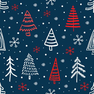 Endless Christmas seamless Pattern with Christmas trees and snowflakes. Vector illustration