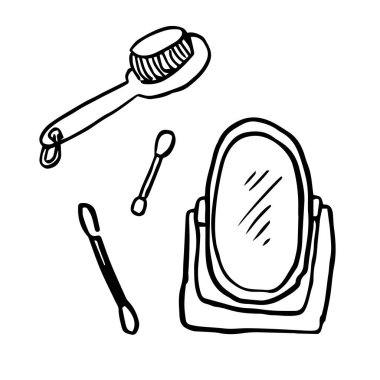 Cartoon bathroom accessories vector icons black on white background. Mirror, ear sticks, cotton swab vector and brush. Vector illustration