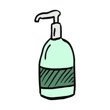 Bir şişe sabun temizleyici çizgi film çizimi beyazları izole etti. Vektör illüstrasyonu