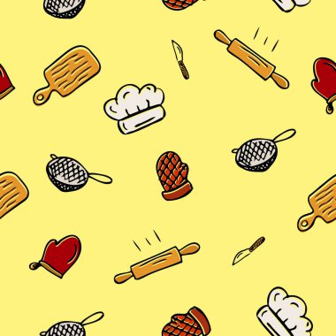 Kitchen accessories seamless pattern. Utensil, cooking background. Print for packaging, fabrics or wallpapers, textiles. Vector illustration