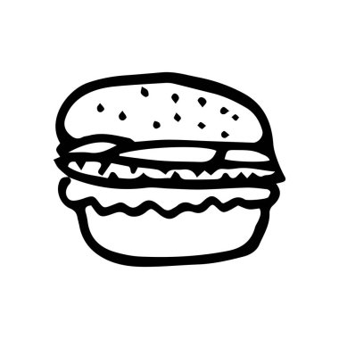 Hand drawn burger logo doodle cartoon style, vector illustration label isolated on white background. Vector illustration