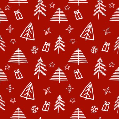Basit Noel ağacı kusursuz vektör desenleri. Beyaz ağaç koyu kırmızı arka planda izole edilmiş. Vektör illüstrasyonu
