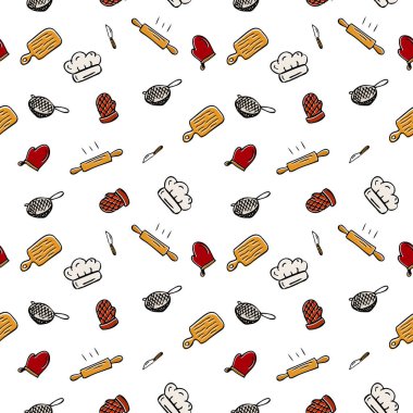 Kitchen accessories seamless pattern. Utensil, cooking background. Print for packaging, fabrics or wallpapers, textiles. Vector illustration