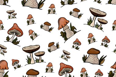 Mantarlı kusursuz desen. Serbest çizim. Paket kağıdında, kumaş baskı arka planında kullanılabilir. Vektör illüstrasyonu